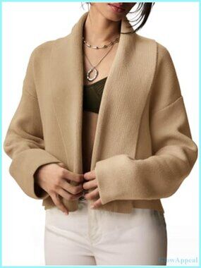 Cropped Open Front Cardigan Long Sleeve Lapel Collar Formal Sweater